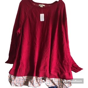 NWT cj banks Long Sleeve Waffle Knit Plaid Accents Top 3X